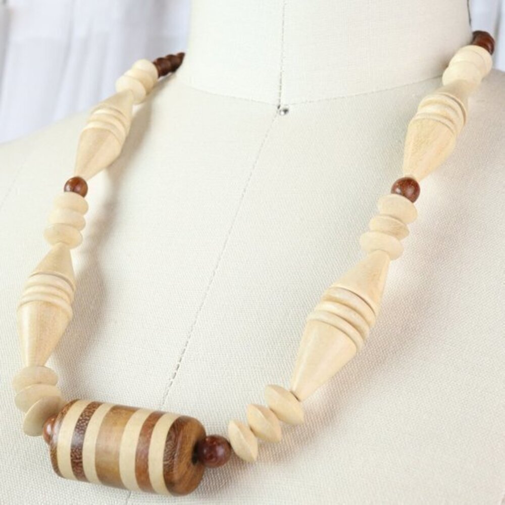 Vintage Wood Bead Necklace Smooth Lightweight Two Tone Brown Round Multi Shape